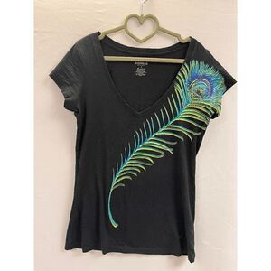 Express Womens Pullover Cap Sleeve Deep V-neck Peacock Tee Shirt Black Size XS